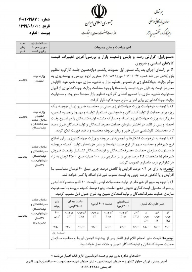 اعلام قیمت ۱۰ قلم محصول لبنی پرمصرف/قیمت شیر خام درب دامداری ۴۵۰۰تومان تصویب شد