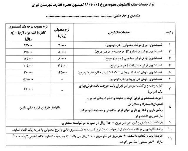 نرخ جدید قالیشویی اعلام شد